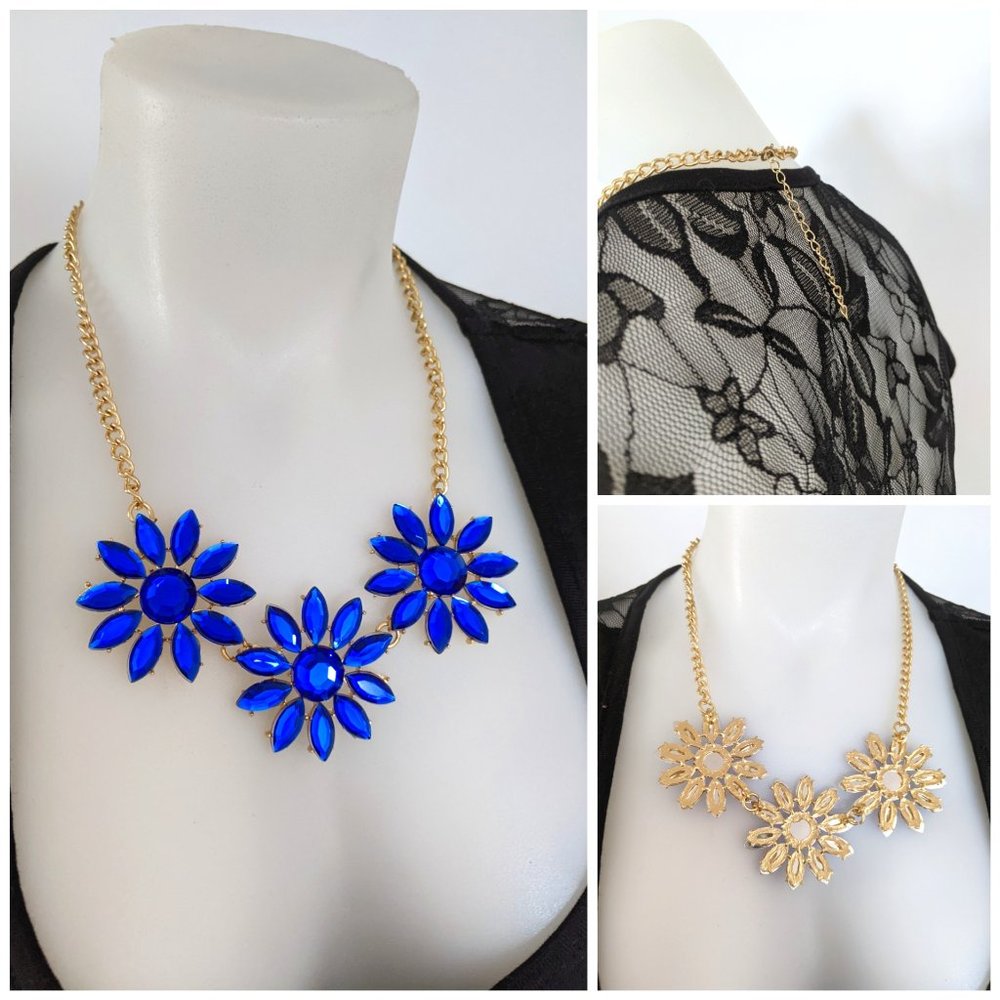 3/20$ NWOT Blue And Gold Flowers Necklace